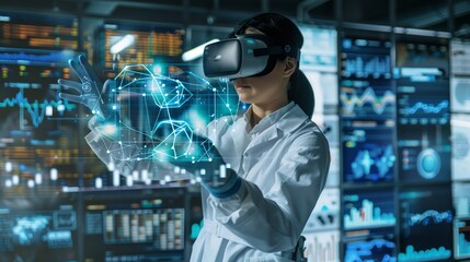 Poster - a scientist uses advanced vr to analyze complex data in immersive virtual environments for groundbre