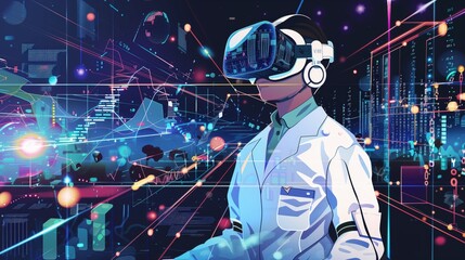 Poster - a scientist in advanced vr gear is immersed in intricate data visualizations and digital landscapes.