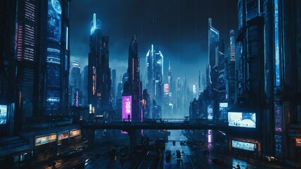 Wall Mural - blue theme metaverse cyberpunk tech city landscape