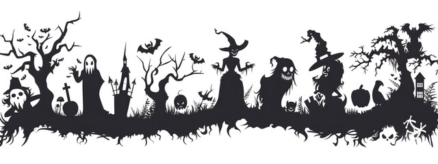 Wall Mural - A Halloween themed drawing of a graveyard with a long line of witches