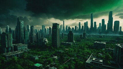 Wall Mural - green theme metaverse apocalypse city landscape