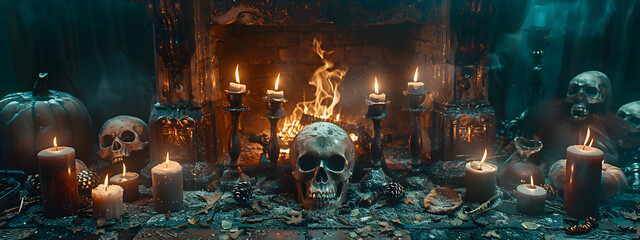 Wall Mural - A fireplace with skulls and candles on it