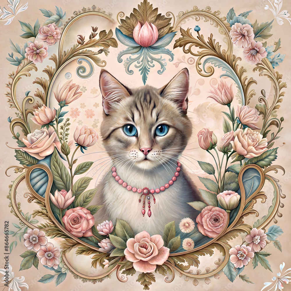 Elegant Cat Portrait with Ornate Floral Frame on Beige Background Stock ...