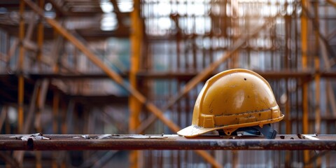 Close-up of yellow hard hat on construction site