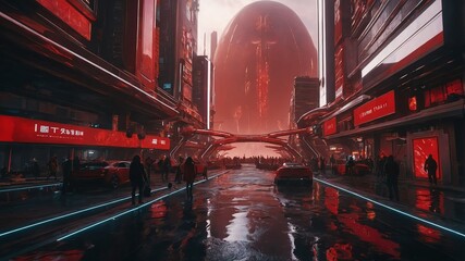 Wall Mural - red theme metaverse alien tech city landscape