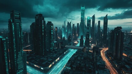 Wall Mural - teal theme metaverse apocalypse city landscape