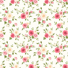 Wall Mural - floral seamless pattern with pink and white rose flowers and green leaves. vector floral print