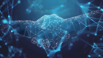 Digital handshake on blue technology background. Abstract two hands in lines, connected dots, and triangles, Business partnership concept