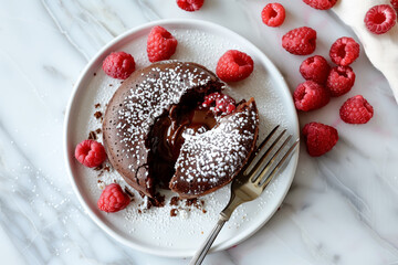 Wall Mural - A delicious chocolate lava cake with a molten center, on a white plate with fresh raspberries