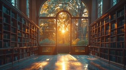 A serene library with sunlight streaming through the windows, representing academic success and knowledge
