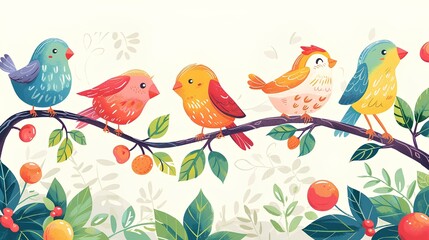 Wall Mural - Colorful birds perched on a branch with leaves and fruit.