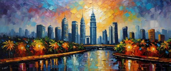 Wall Mural - landscape in kuala lumpur oil pallet knife paint painting on canvas with large brush strokes