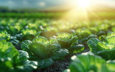 Sunlit lettuce field at dawn with vibrant green leaves flourishing in neat rows, showcasing organic farming and fresh produce.