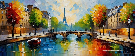 Wall Mural - landscape in paris france oil pallet knife paint painting on canvas with large brush strokes