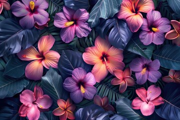 Wall Mural - Seamless floral pattern with bright colorful flowers and tropical leaves Elegant template ,Romantic violet flwers background.