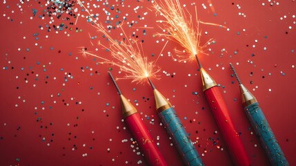 Wall Mural - Firework rockets on red background with confetti, flat lay. Happy Independence Day