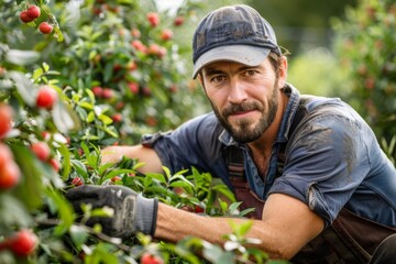 Close-up portrait of a farmer harvesting fruit from a tree in an orchard. Concept of agriculture, harvest, farming, sustainability, organic, and fresh food.