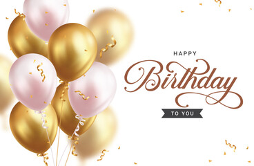 Wall Mural - Happy birthday greeting vector background design. Birthday greeting text with bunch gold and pink balloons floating for event decoration. Vector illustration invitation card design.
