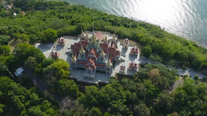 Wall Mural - Aerial top view of  Wat Thang Sai, Prachuap Khiri Khan, Thailand. Travel trip on holiday and vacation. Thai tourist attraction architecture.