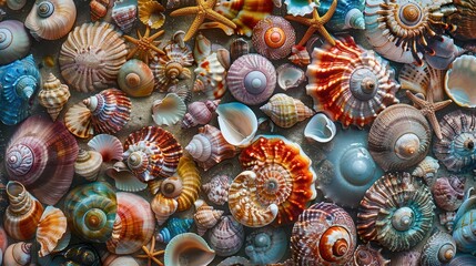 kaleidoscopic array of seashells iridescent hues intricate patterns beachcombers treasure