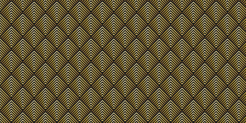 Wall Mural - Overlapping Pattern Minimal diamond geometric digital wave backdrop abstract wave square background. gold line seamless tile stripe overlap creative retro square pattern black background.