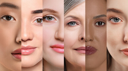 Poster - Many beautiful women of different races and ages, banner design. Collage of closeup portraits