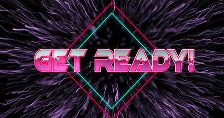 Poster - Image of get ready text on rhombuses and dots exploding over black background