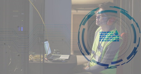 Poster - Image of firewall, loading circles, asian male engineer checking data server system using laptop