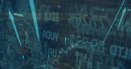 Poster - Image of graphs, circles, changing numbers, up arrows and trading board over black background