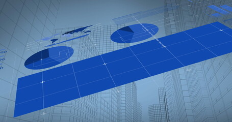 Poster - Image of infographic interface over low angle view of modern buildings against sky