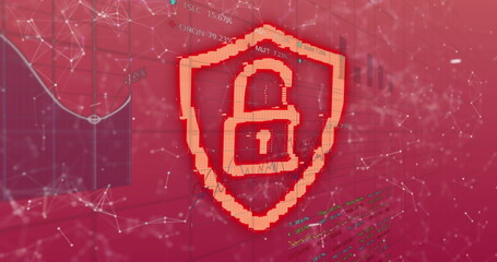 Poster - Image of security padlock icon and network of connections against statistical data processing
