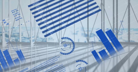 Poster - Image of infographic interface over modern buildings through glass window of office