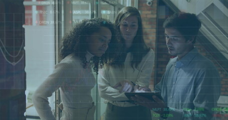 Poster - Image of statistical, stock market data processing over diverse colleagues discussing at office