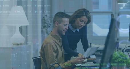 Poster - Image of statistical, stock market data processing over diverse man woman discussing at office