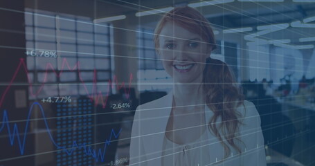 Poster - Image of statistical data processing against portrait of caucasian woman smiling at office