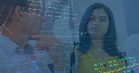 Poster - Image of stock market data processing against diverse man and woman discussing at office