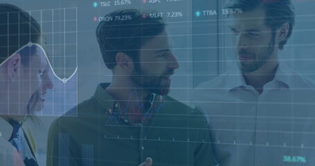 Poster - Image of statistical, stock market data processing over diverse colleagues discussing at office