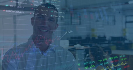 Poster - Image of stock market data processing over portrait of caucasian man smiling at office