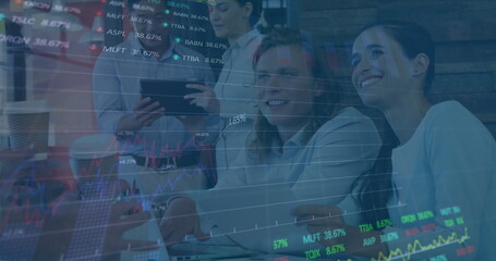 Poster - Image of stock market data processing over diverse man and woman discussing at office
