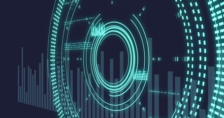 Poster - Image of neon round scanner and statistical data processing against blue background