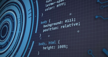 Poster - Image of round scanner, data processing and microprocessor connections on blue background