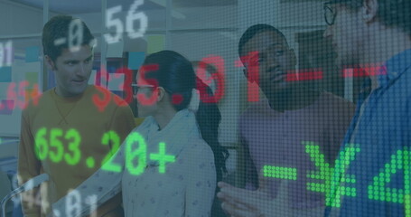 Poster - Image of stock market data processing over diverse colleagues discussing together at office