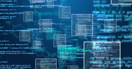 Poster - Image of data processing over hexagons and blue background