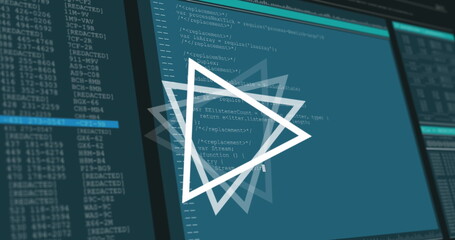 Poster - Image of triangle rotating over data processing on computer screens