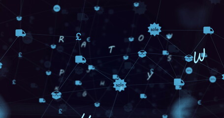 Poster - Image of network of connections with icons on black background