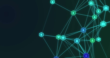 Poster - Image of black background with icons and connections, copy space