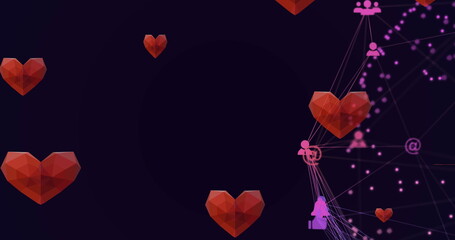 Poster - Image of hearts falling on black background with icons and connections
