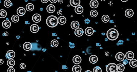 Poster - Image of euros blinking on black background with icons and connections