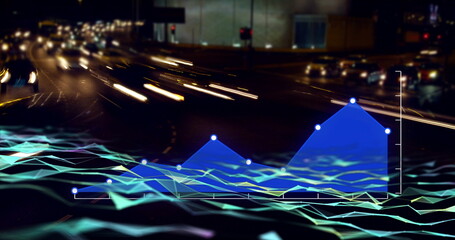 Poster - Image of glowing light trails over road and night cityscape