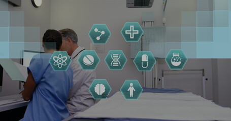 Poster - Image of scientific icons over diverse doctors using computer